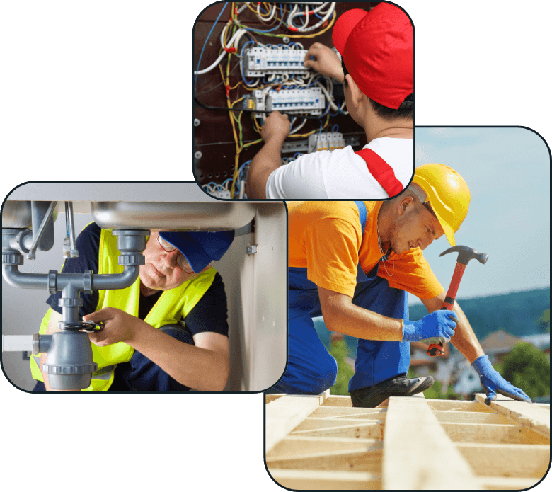 Artisans indépendants du BTP réalisant différentes missions : électricité, plomberie et charpente